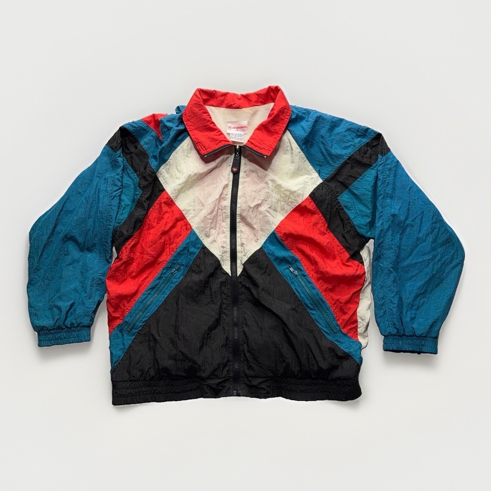 Vintage Rossignol Jacket Mens M Red Teal Colorblock Nylon Windbreaker Ski 90s